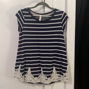 Xhilaration Navy Blue Lace Trim Striped Top — Size: M